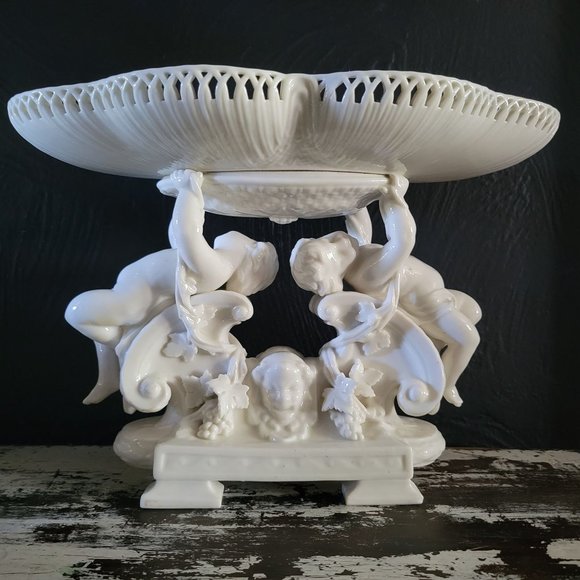Vintage Porcelain Centerpiece Bowl, Pedestal Bowl with Putti / Cherubs - Picture 2 of 9